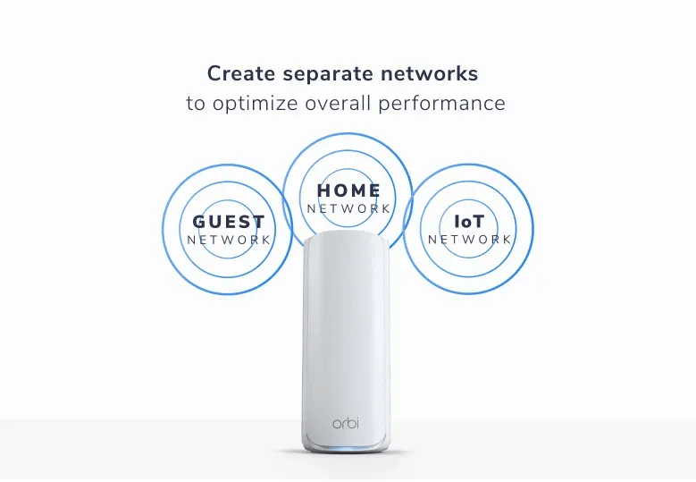 Create separate networks to optimize overall performance:

- HOME NETWORK
- GUEST NETWORK
- IoT NETWORK

Orbi