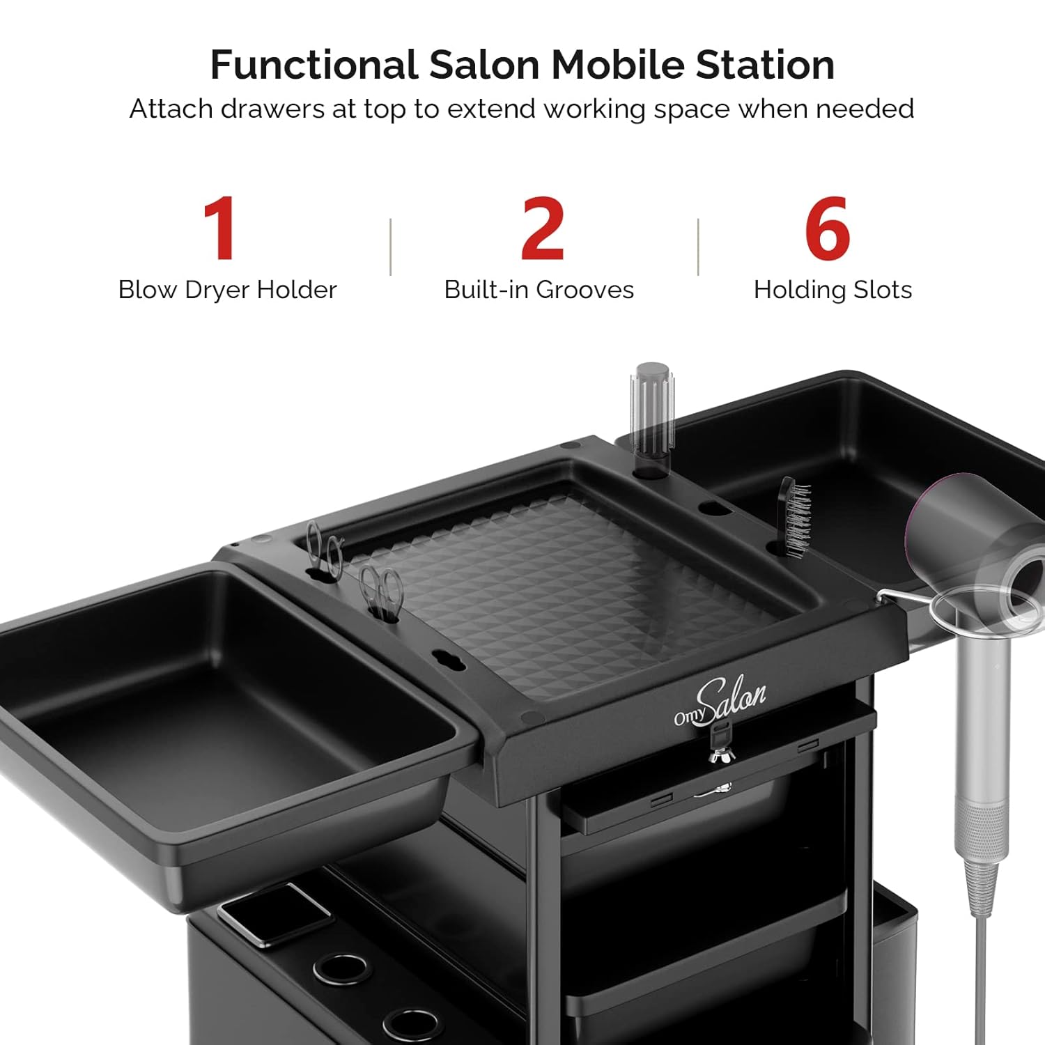 Functional Salon Mobile Station  
Attach drawers at top to extend working space when needed  

1. Blow Dryer Holder  
2. Built-in Grooves  
6. Holding Slots  

Ony Salon