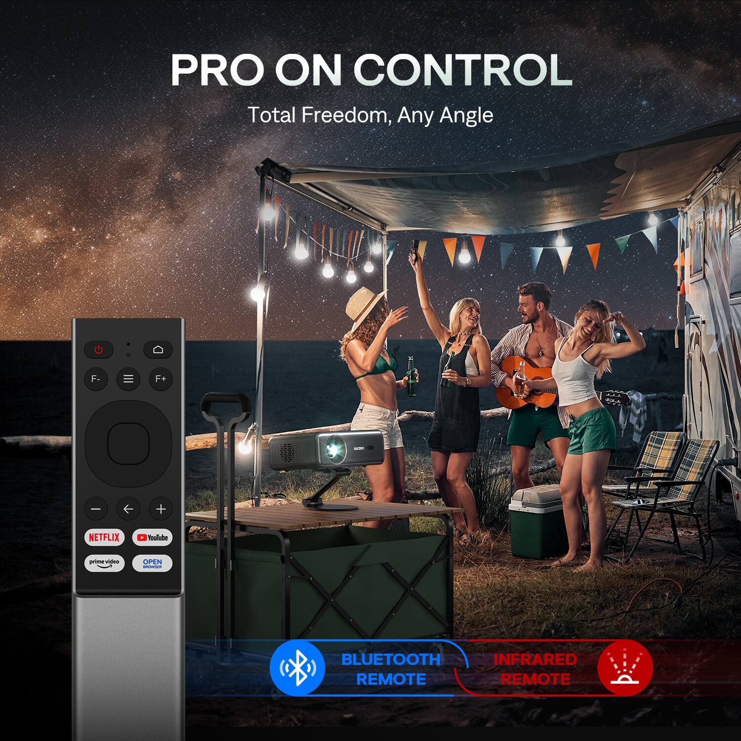 PRO ON CONTROL  
Total Freedom, Any Angle  

NETFLIX  
prime video  
YouTube  
OPEN  
BLUETOOTH REMOTE  
INFRARED REMOTE