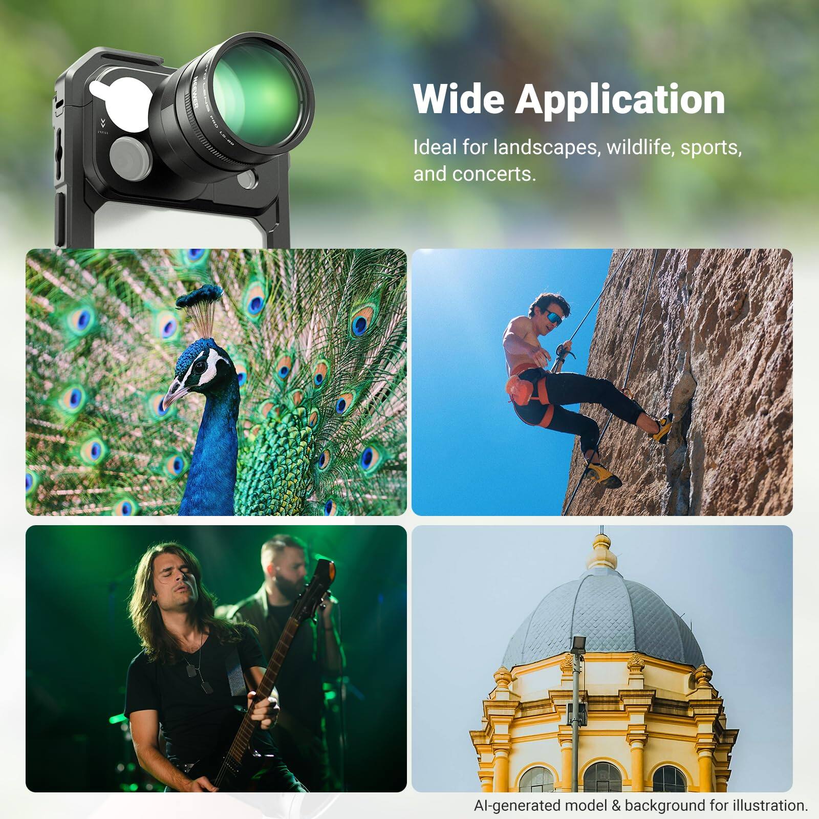 Wide Application  
Ideal for landscapes, wildlife, sports, and concerts.  
AI-generated model & background for illustration.
