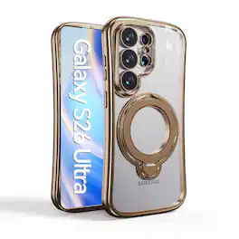 Dteck - Magnetic Case for Samsung Galaxy S26 Ultra with 360 Ring Stand and Strap, Shockproof TPU Cover Built-in Lens Protector - Gold