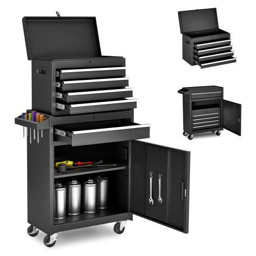 Front. LOVMOR - Tool Chest 5-Drawer Rolling Tool Storage Cabinet with Detachable Top Tool Box Liner Universal Lockable Wheels Adjustable.