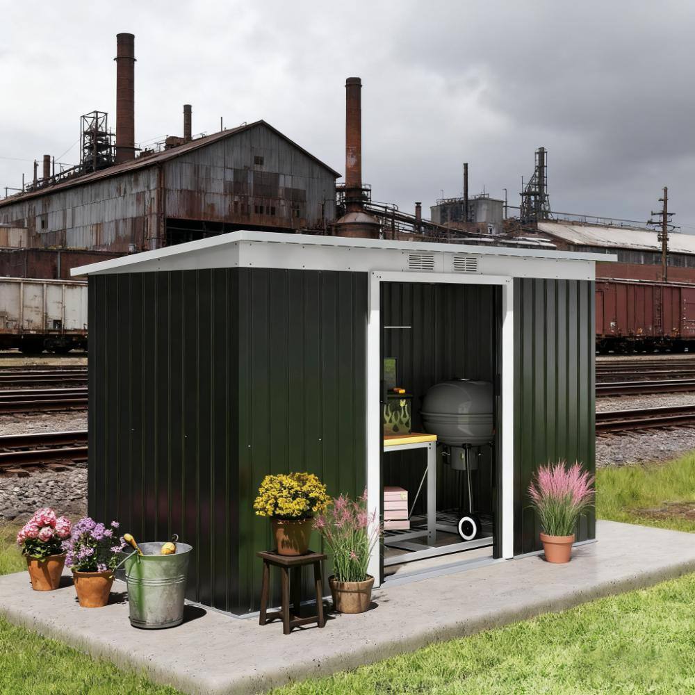 Left. TinyHomie - Dark Gray Garden Storage Shed Outdoor Storage Shed 9FT x 4FT Tool House with Double Lockable Doors.