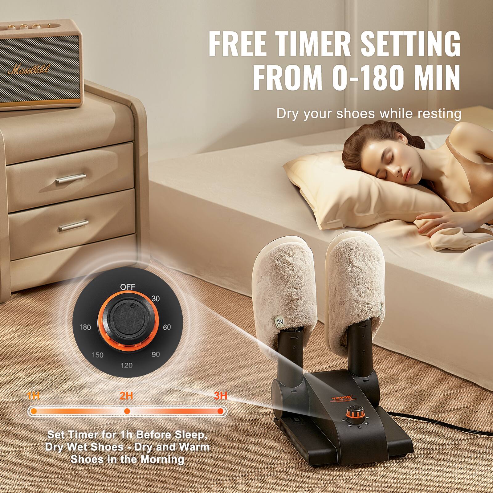 FREE TIMER SETTING FROM 0-180 MIN  
Dry your shoes while resting  

OFF 30 60 90 120 150 180  

1H 2H 3H  

Set Timer for 1h Before Sleep, Dry Wet Shoes - Dry and Warm Shoes in the Morning