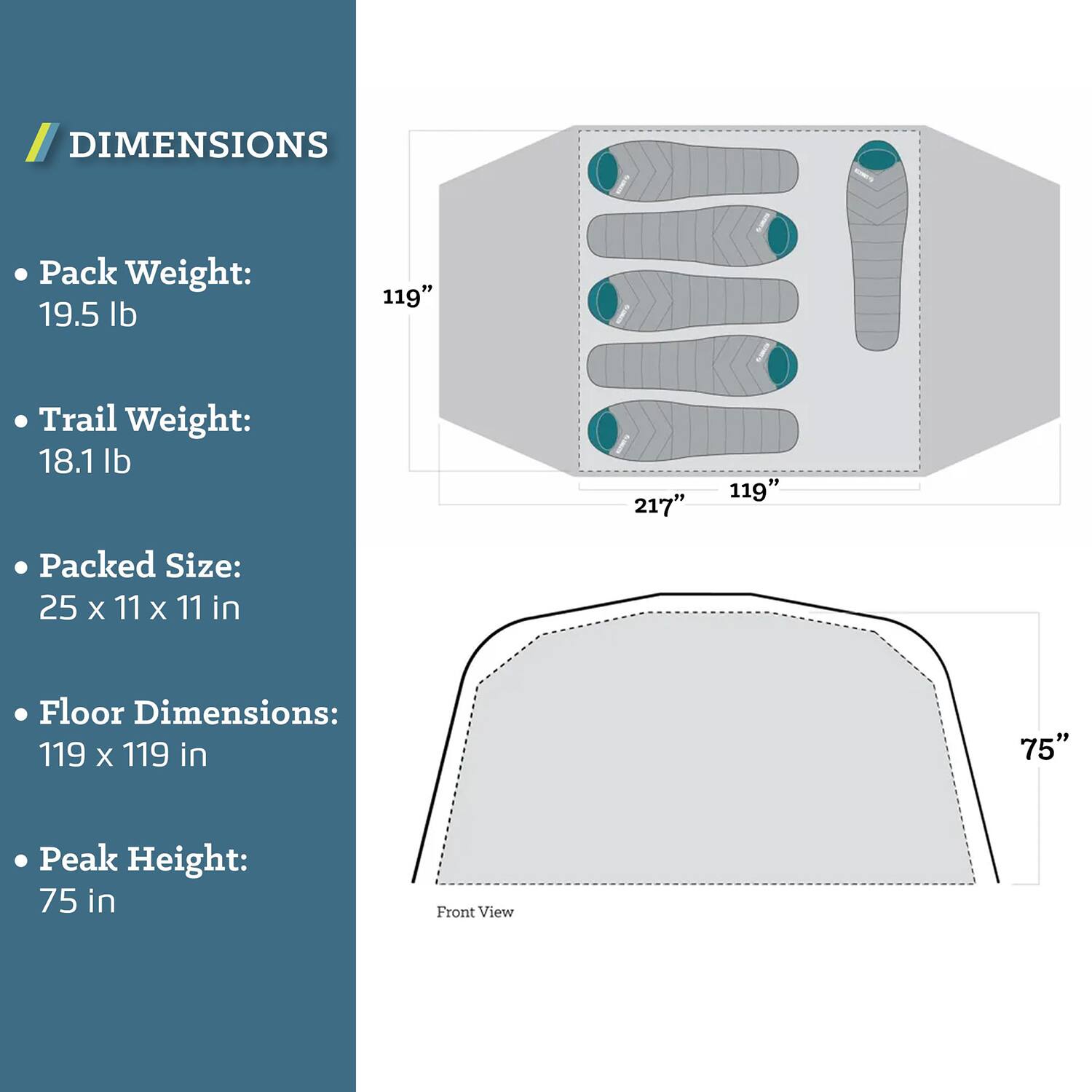 DIMENSIONS

- Pack Weight: 19.5 lb
- Trail Weight: 18.1 lb
- Packed Size: 25 x 11 x 11 in
- Floor Dimensions: 119 x 119 in
- Peak Height: 75 in

Front View

119" 217" 119" 75"
