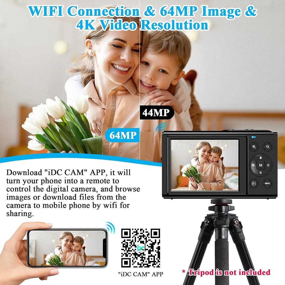 WIFI Connection & 64MP Image & 4K Video Resolution

64MP

44MP

Download "iDC CAM" APP, it will turn your phone into a remote to control the digital camera, and browse images or download files from the camera to mobile phone by wifi for sharing.

"iDC CAM" APP

*Tripod is not included