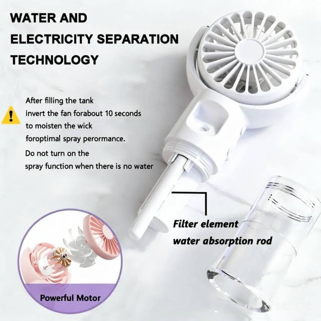 WATER AND ELECTRICITY SEPARATION TECHNOLOGY

After filling the tank, invert the fan for about 10 seconds to moisten the wick for optimal spray performance. Do not turn on the spray function when there is no water.

Filter element water absorption rod

Powerful Motor