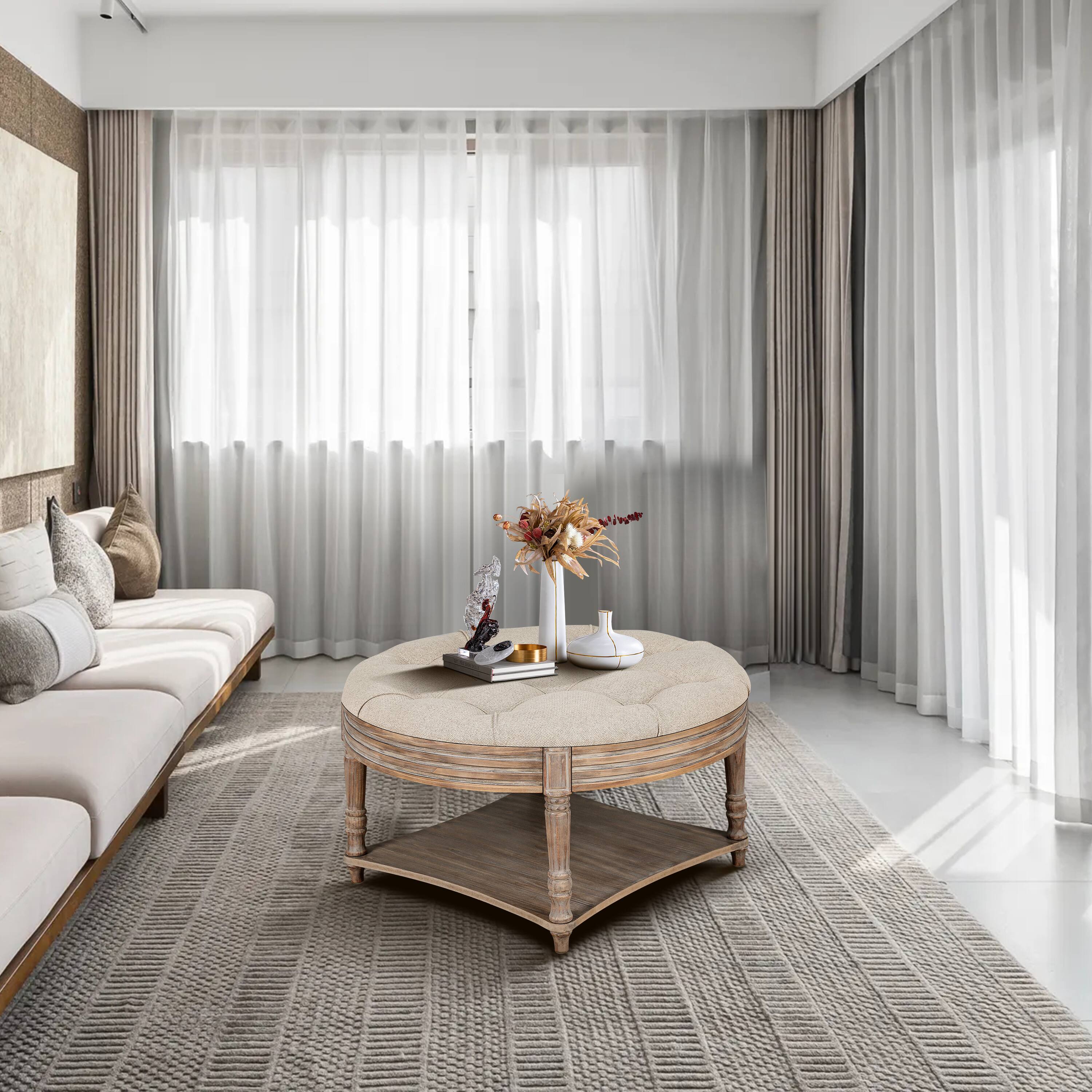 Alt View 5. GOODSILO - Large Round Waterproof Ottoman Coffee Table with Two-Tier Storage and Button Tufted Design for Living Room - Gray+ Khaki.