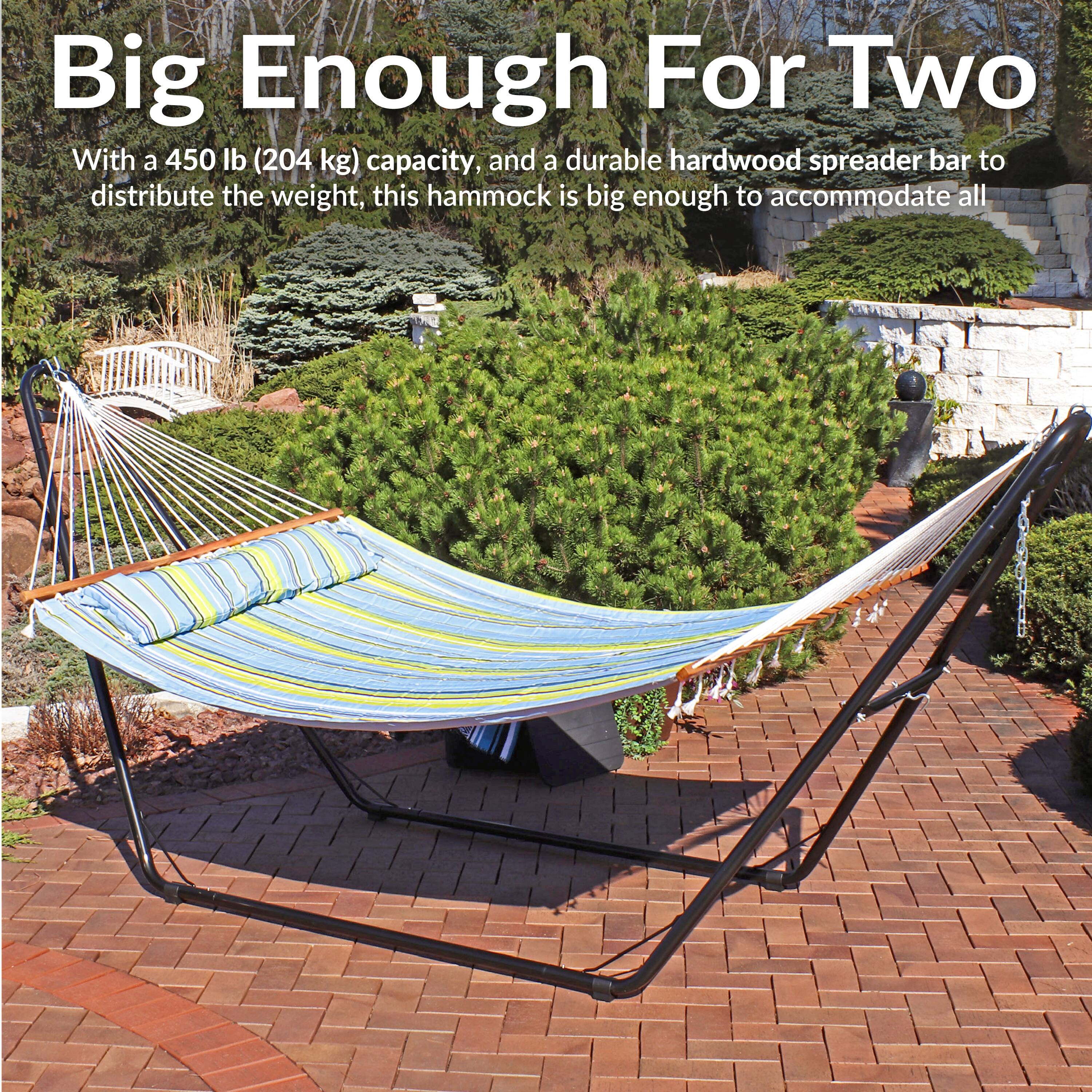 Big Enough For Two

With a 450 lb (204 kg) capacity, and a durable hardwood spreader bar to distribute the weight, this hammock is big enough to accommodate all.
