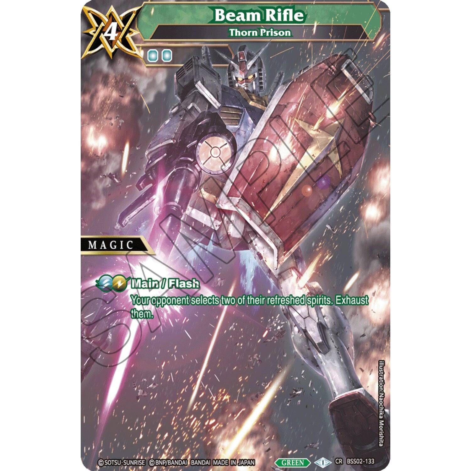 4 Beam Rifle Thorn Prison  
MAGIC  
Main / Flash  
Your opponent selects two of their refreshed spirits. Exhaust them.  

SOTSU-SUNRISE  
BNP/BANDAI BANDAI MADE IN JAPAN  
GREEN  
illustration: Naochika Morishita  
CR BS502-133
