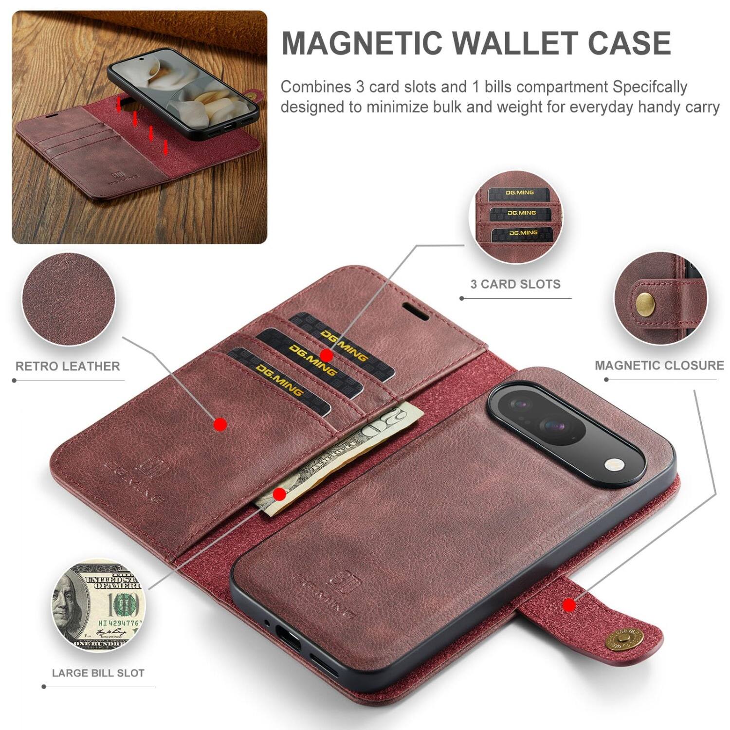 MAGNETIC WALLET CASE

Combines 3 card slots and 1 bills compartment. Specifically designed to minimize bulk and weight for everyday handy carry.

3 CARD SLOTS

RETRO LEATHER

LARGE BILL SLOT

MAGNETIC CLOSURE