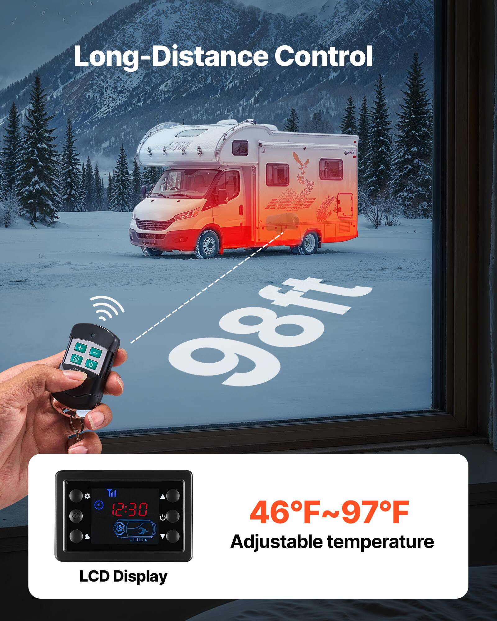 Long-Distance Control

98ft

46°F~97°F Adjustable temperature

LCD Display