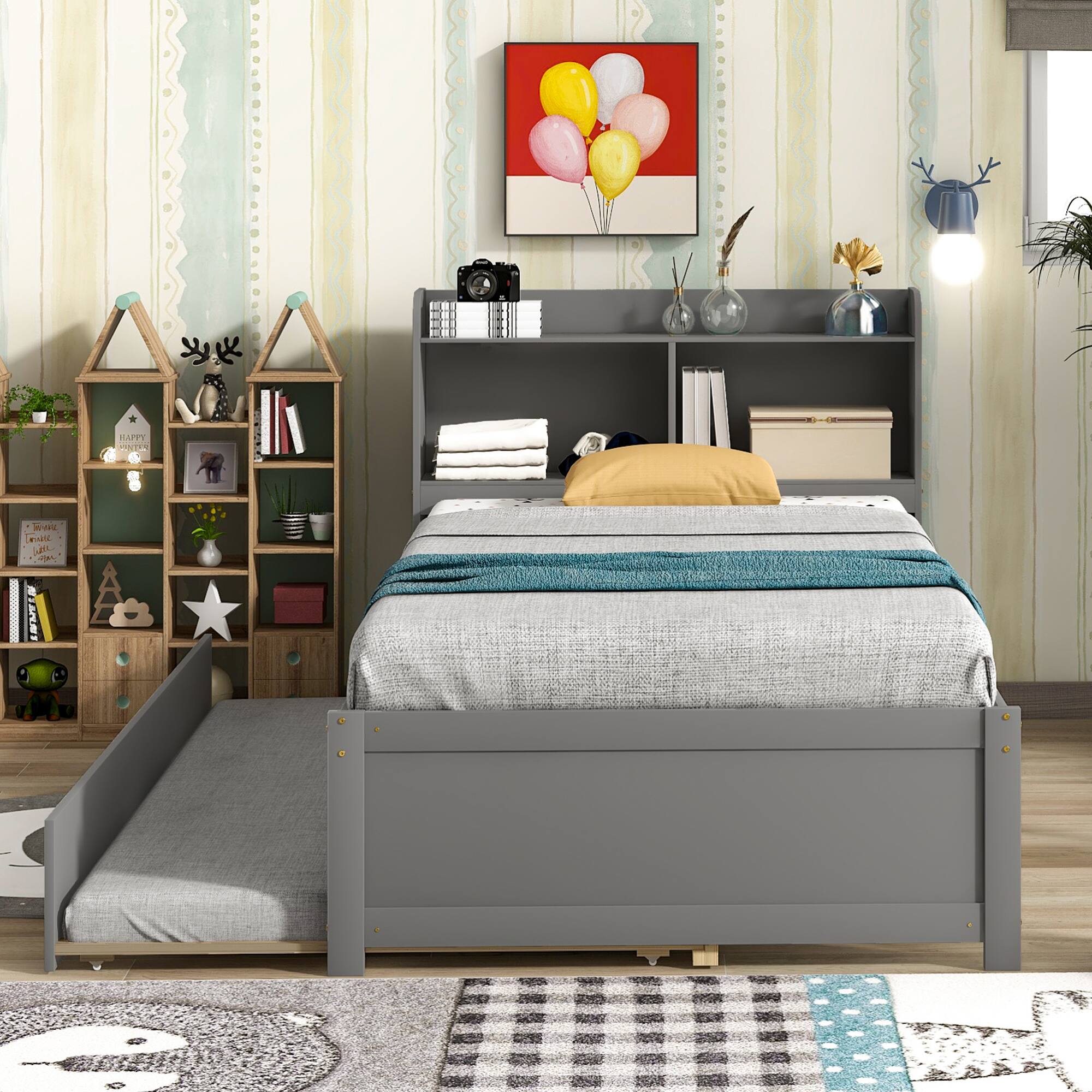 Back. GOODSILO - Space-Saving Twin Bed with Pull-Out Trundle and Built-In Bookcase Headboard for Compact Bedrooms - Grey.