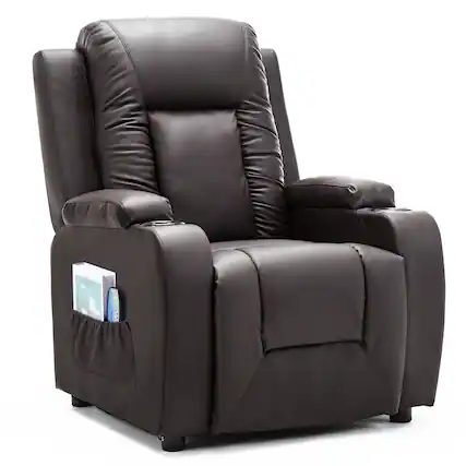 Front. CloudRest Pro - Recliner Chair with Cup Holders,Heat and Massage PU Rocking Chair,Brown - Brown.
