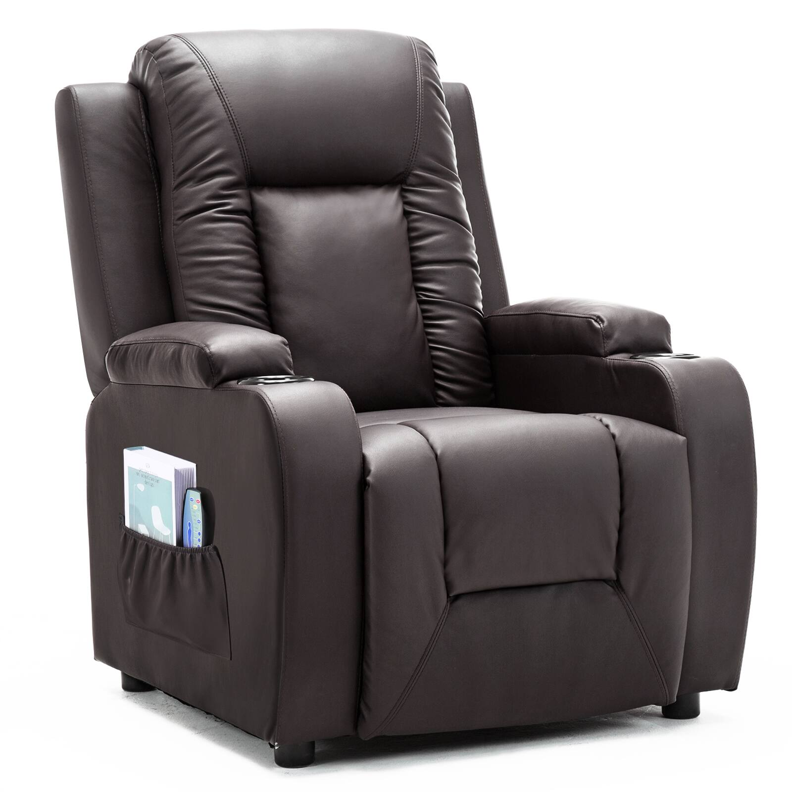 CloudRest Pro - Recliner Chair with Cup Holders,Heat and Massage PU Rocking Chair - Brown