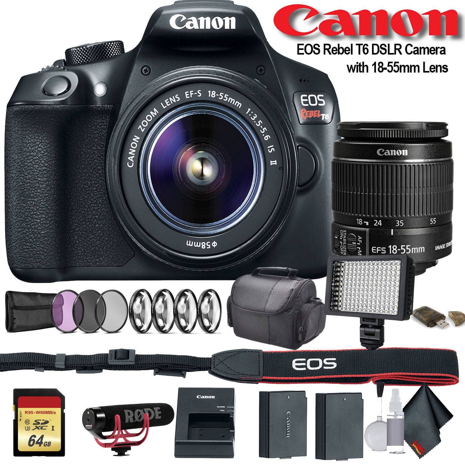 Canon EOS Rebel T6 DSLR Camera with 18-55mm Lens EF-S 18-55mm Lens EOS Zoom Rebel T6 1:3.5-5.6 IS Canon II 58mm 18 24 35 55 CA I Stabilizer LD AF1 Por EFS 18-55mm Image M EOS R9S WSOMH C 1 XC I 64G GB Rode L