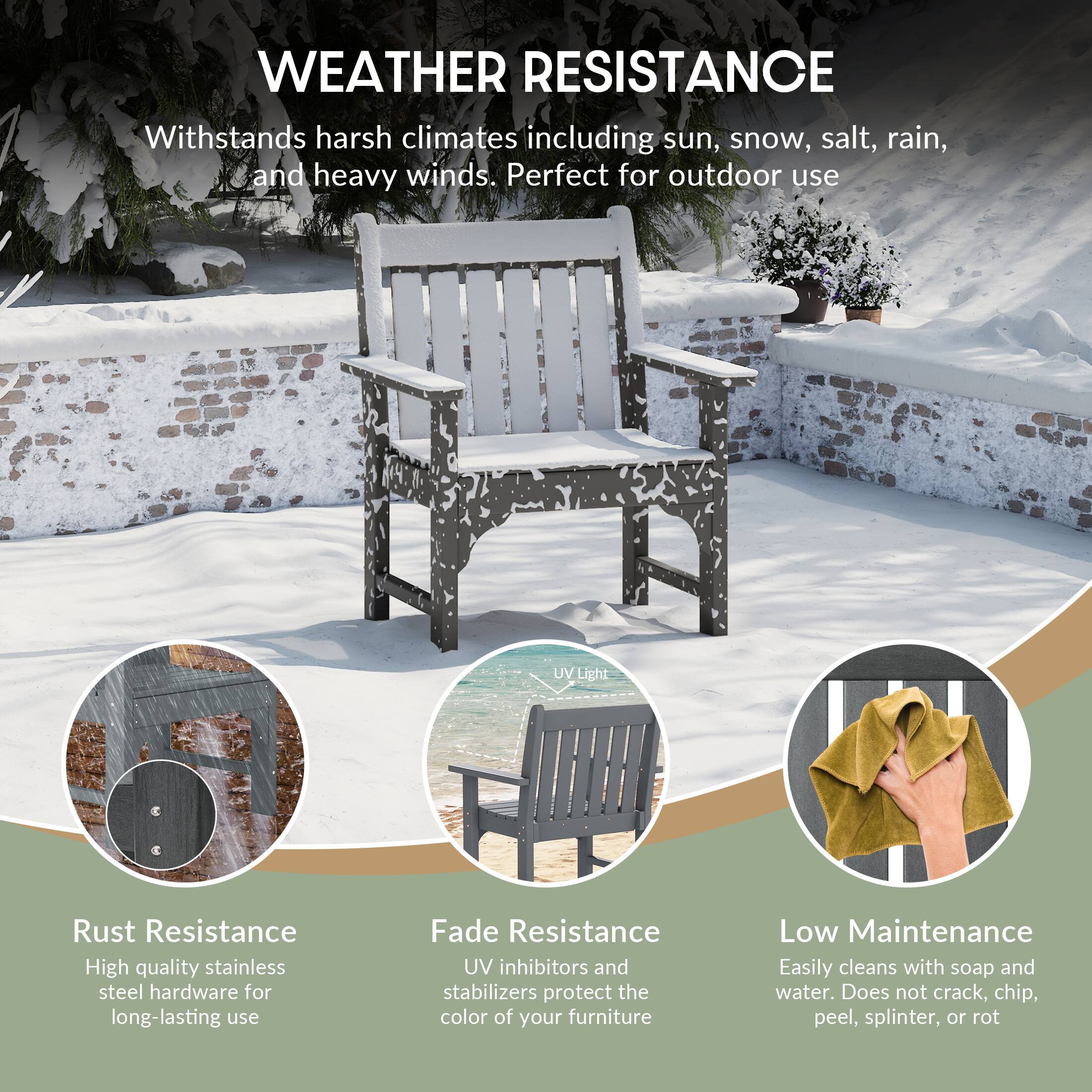 WEATHER RESISTANCE  
Withstands harsh climates including sun, snow, salt, rain, and heavy winds. Perfect for outdoor use

UV Light

Rust Resistance  
High quality stainless steel hardware for long-lasting use

Fade Resistance  
UV inhibitors and stabilizers protect the color of your furniture

Low Maintenance  
Easily cleans with soap and water. Does not crack, chip, peel, splinter, or rot