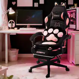 Dowinx - Cute Gaming Chair with Cat Ears and Paw Lumbar Seat Cushion, Ergonomic Computer Chair with Footrest - Black pink