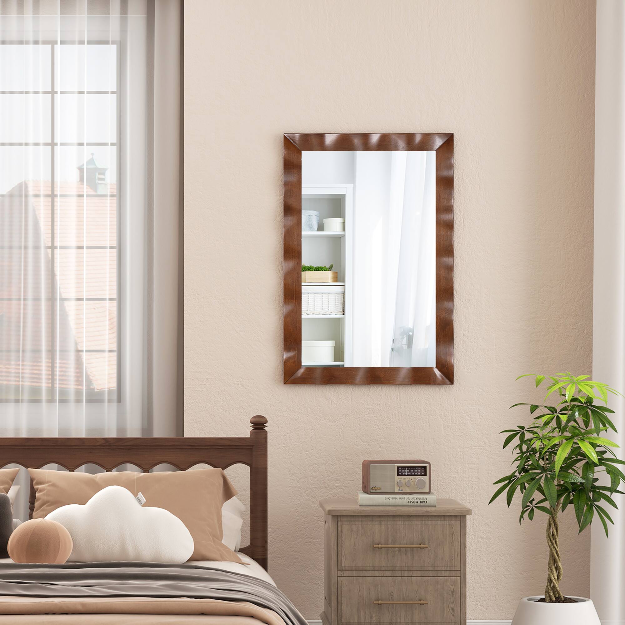 Alt View 4. Gymax - Gymax 42'' x 28'' Farmhouse Wall Mirror w/Solid Wood Frame Rubber Wood Rustic Style Brown - Brown.