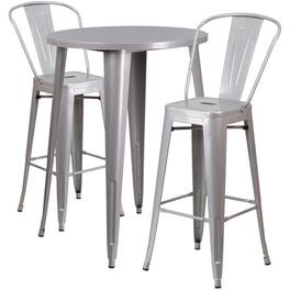 Emma + Oliver - Commercial Grade 30" Round Metal Indoor-Outdoor Bar Table Set with 2 Cafe Stools - Silver