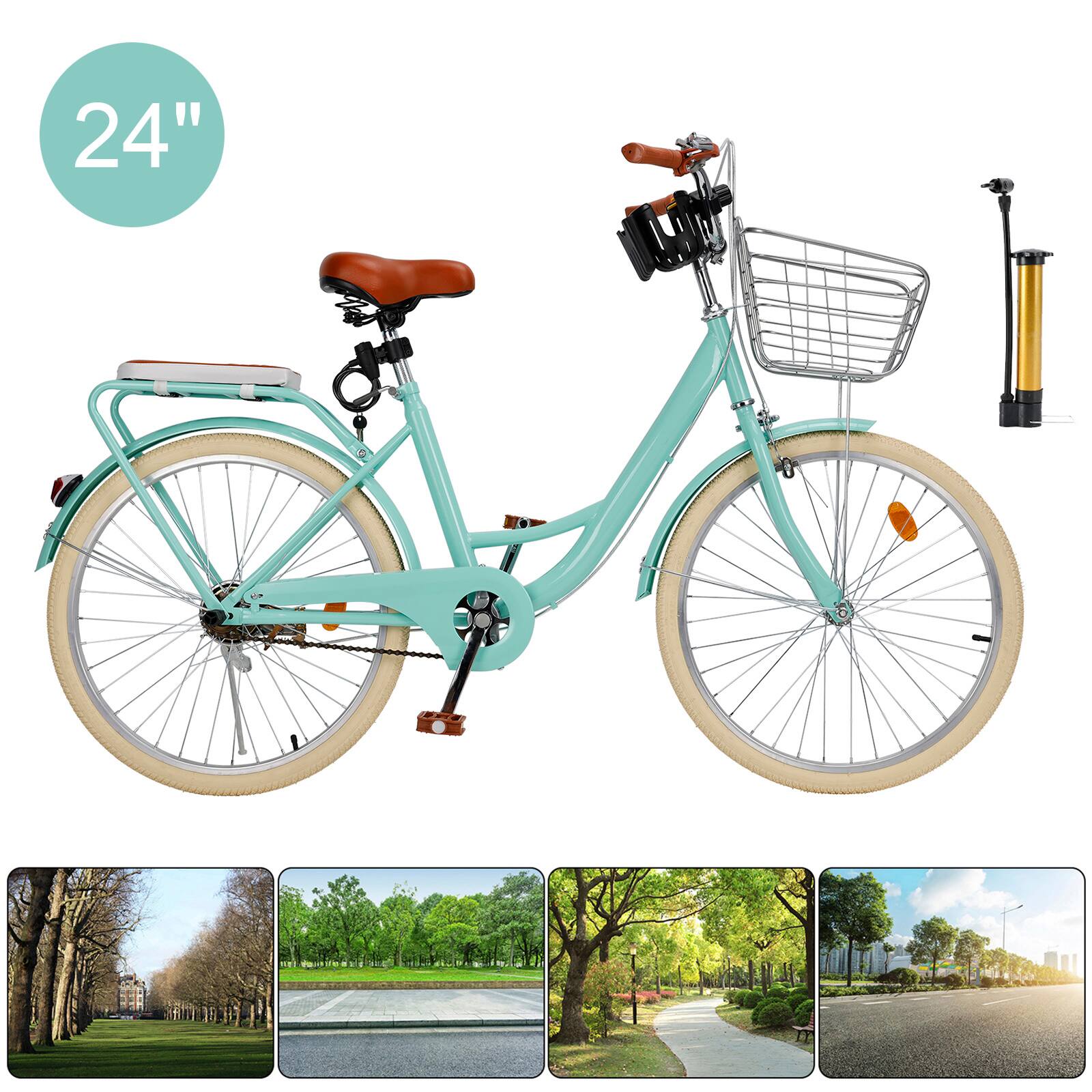 Alt View 1. Topteng - 24" Beach Cruiser Bike for Men/Women with Cup Holder, High Carbon Steel Frame, Dual Brakes, Rear Rack and Basket, Green - Green.