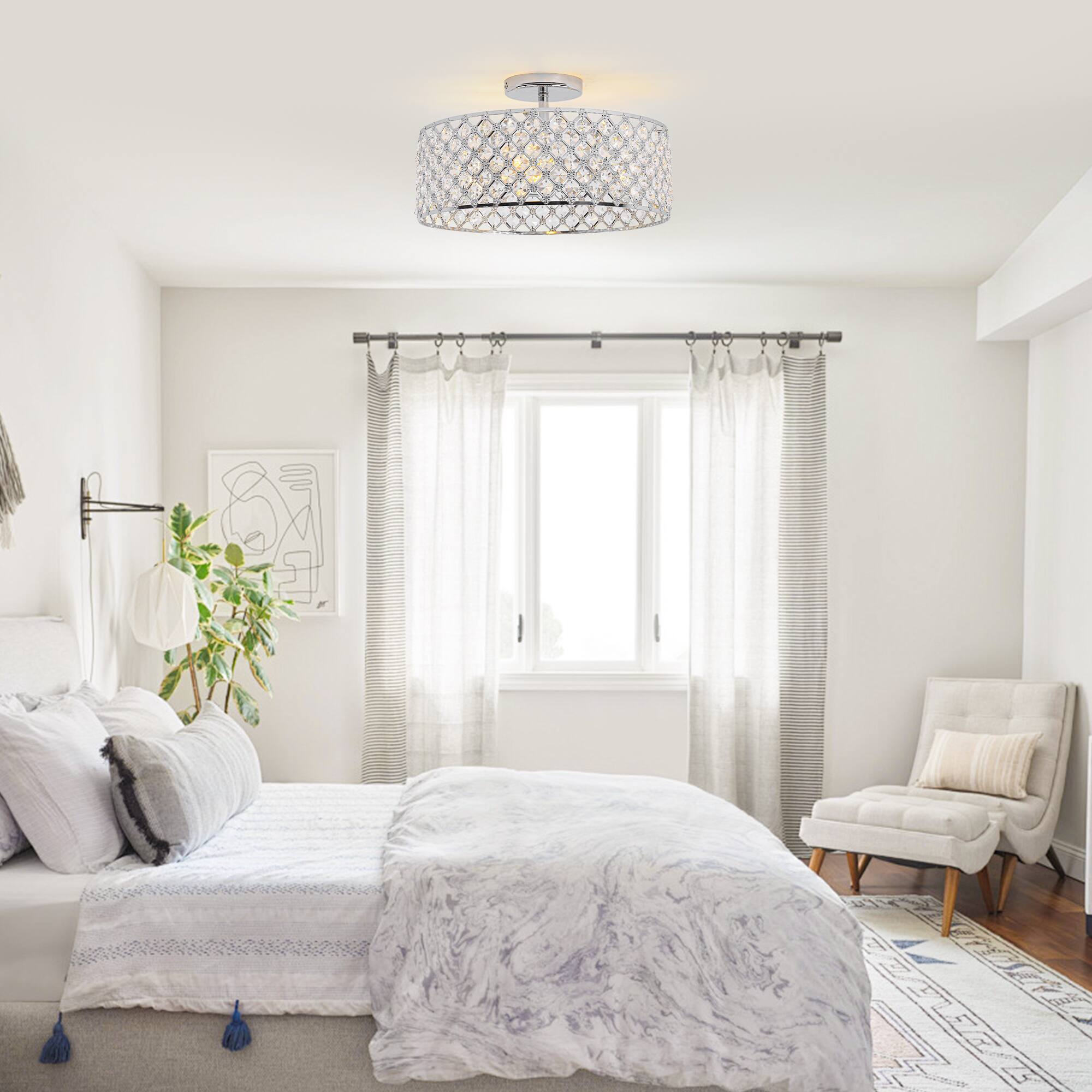 Back. Parrot Uncle - 15" Modern 3-Light Crystal Semi-Flush Mount Ceiling Light - Chrome.