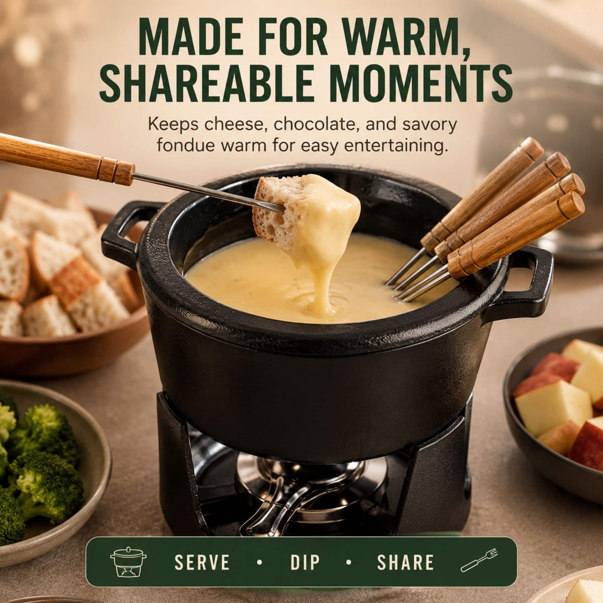 Alva Nori Enameled Cast Iron Fondue Set, 8 Piece, 2 Qt Black