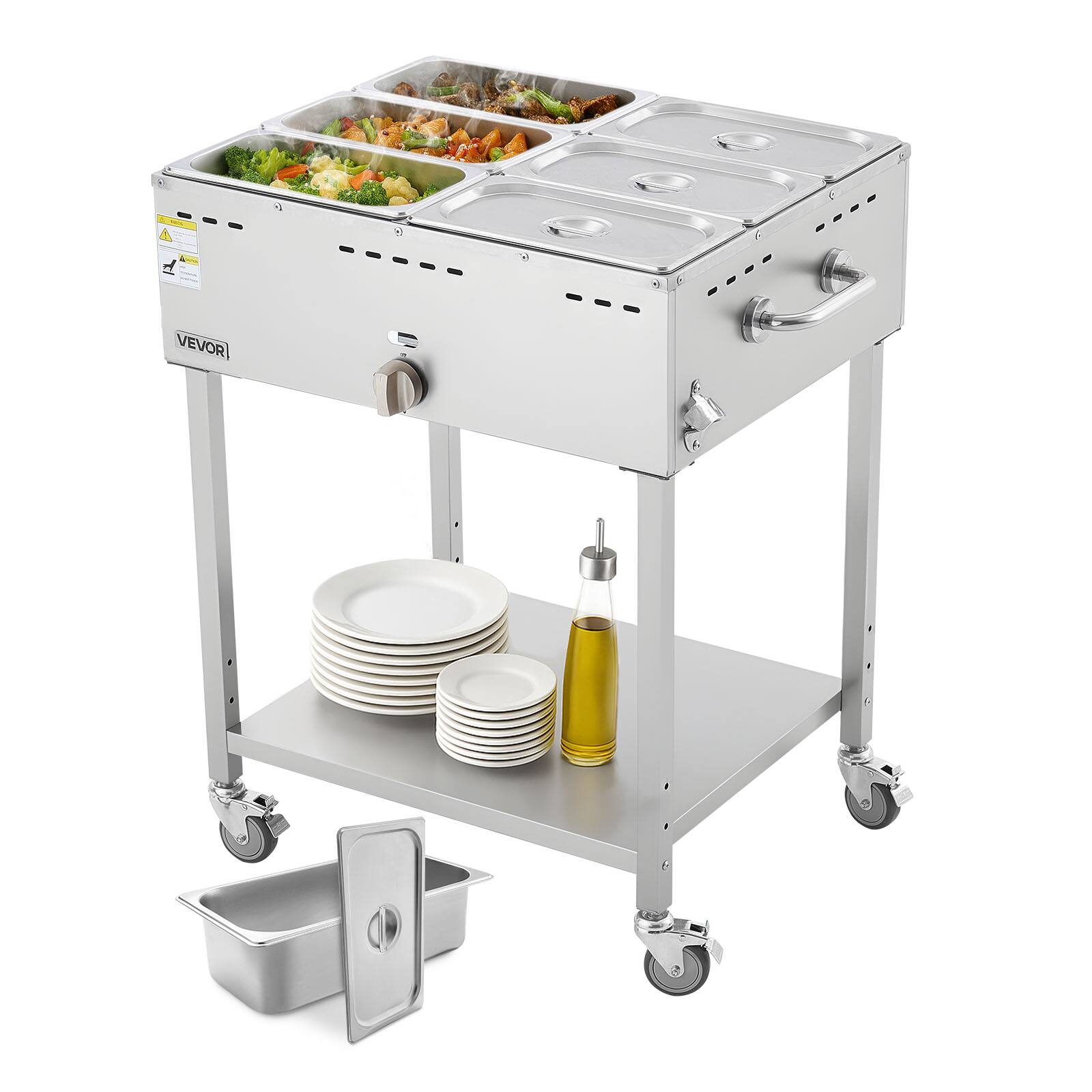 VEVOR - 6-Pan Commercial Propane Steam Table, LP Gas Outdoor Soup Warmer with Drain Valve and 3" Wheels, Stainless Steel - Silver