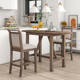 Loheer - 3-Piece Drop Leaf Dining Set Counter Height Table with 2 Chairs - Brown