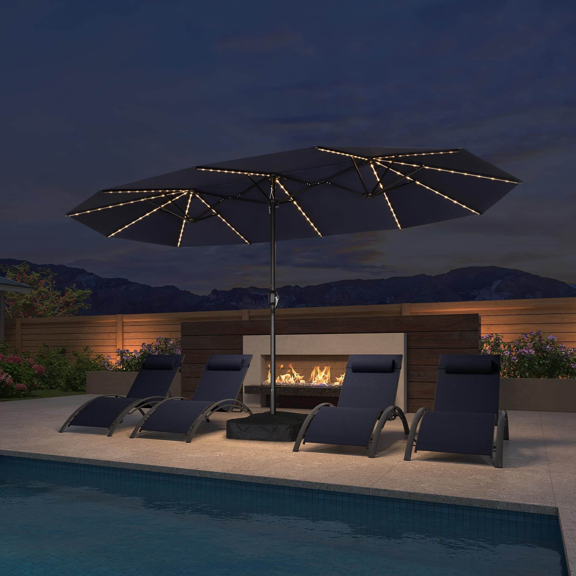 PURPLE LEAF - 14 ft. Patio Market Umbrella with Solar LED and Base Double-Sided Outdoor Table Sun Umbrellas for Pool Deck Backyard - Navy Blue