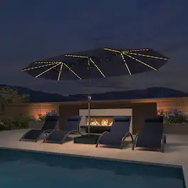 PURPLE LEAF - 14 ft. Patio Market Umbrella with Solar LED and Base Double-Sided Outdoor Table Sun Umbrellas for Pool Deck Backyard - Navy Blue