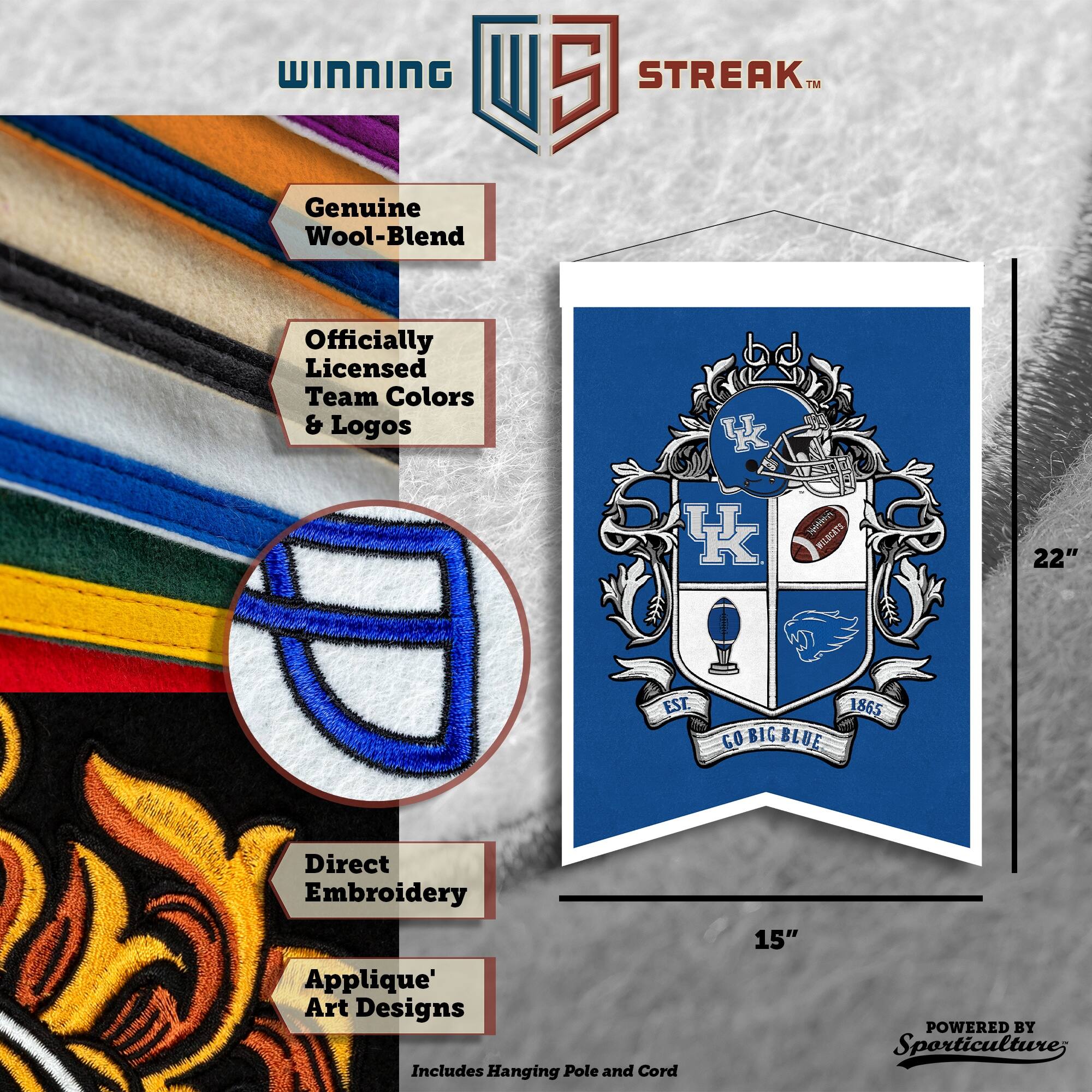 WINNING U 5 STREAK™ Genuine Wool-Blend Officially Licensed Team Colors & Logos K K nhito_re WIDCITY 22" EST. 1865 GO BIG BLUE Direct Embroidery Applique' Art Designs Includes Hanging Pole and Cord 15" POWERED BY Sporticulture