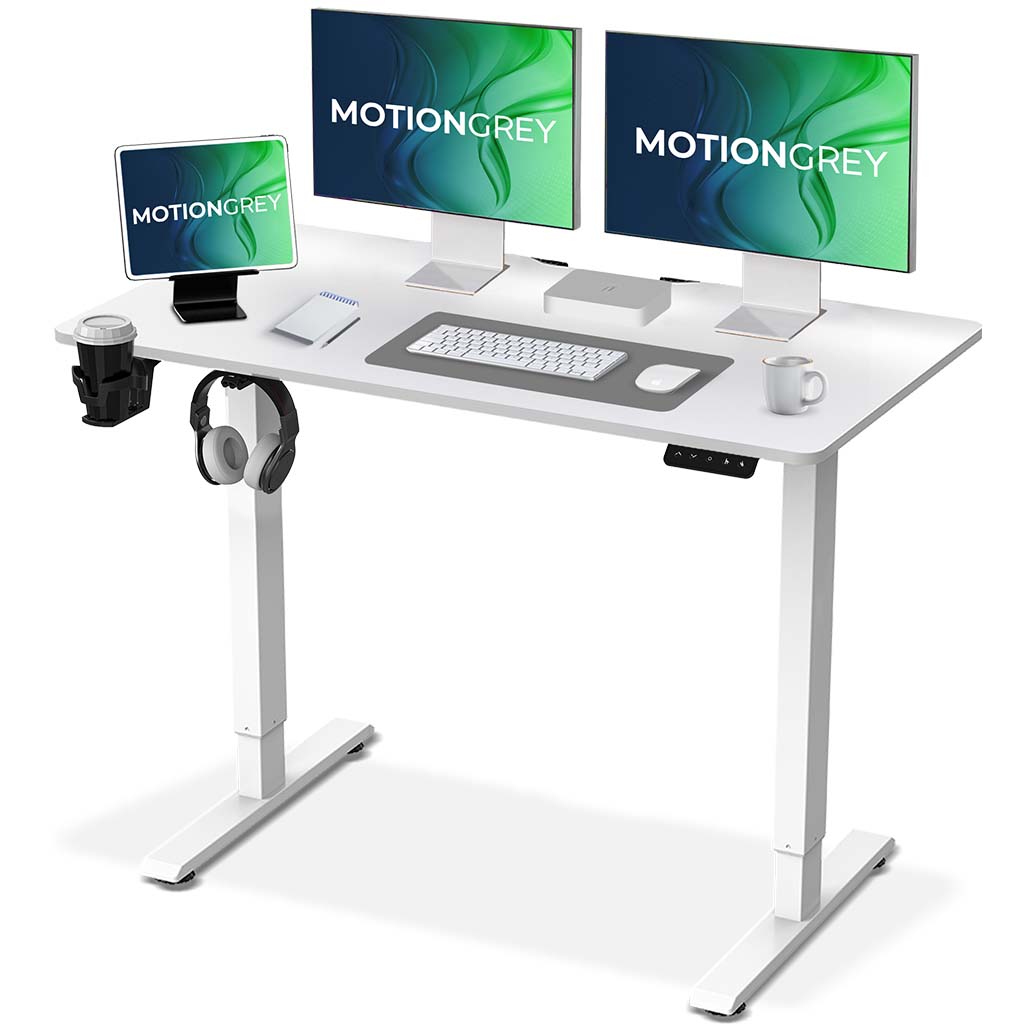 MotionGrey - Ergo2 - Adjustable Electric Standing Desk with Memory Settings - 43" x 24" White Top - Home and Office - Holder and Hook - White Top White Frame