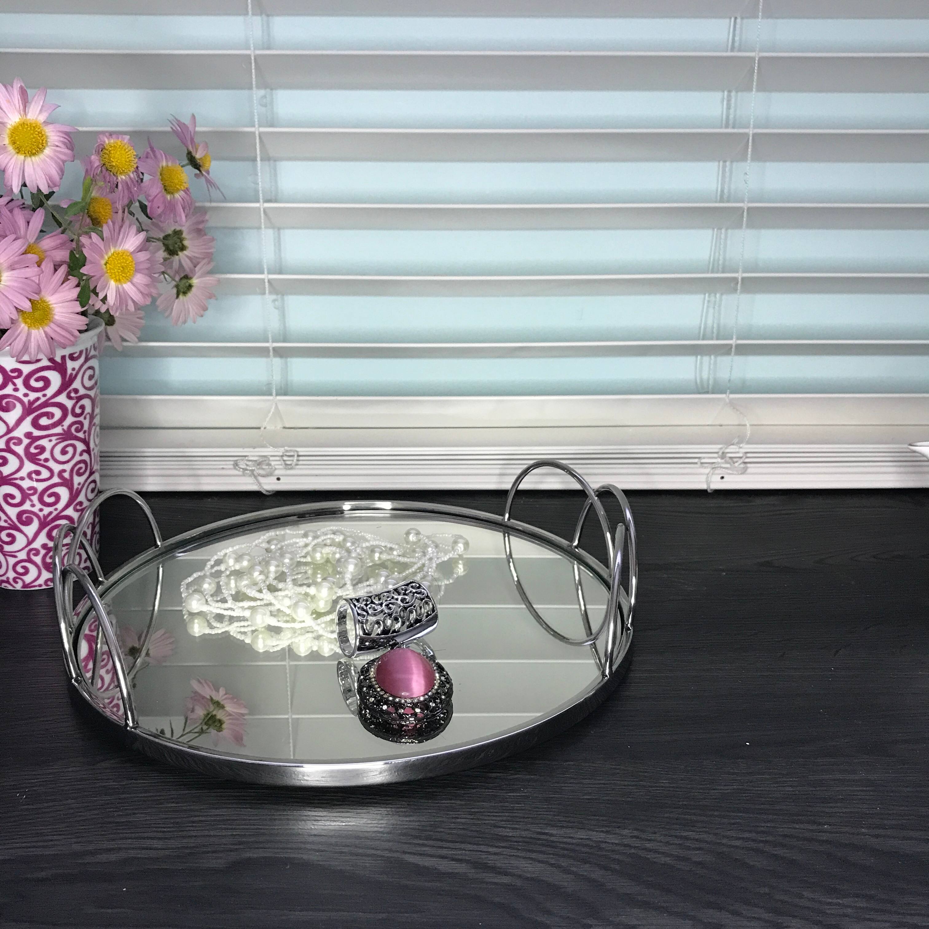 Back. Jiallo - Silver Stainless Steel Round vanity tray with mirror 13" - Silver.