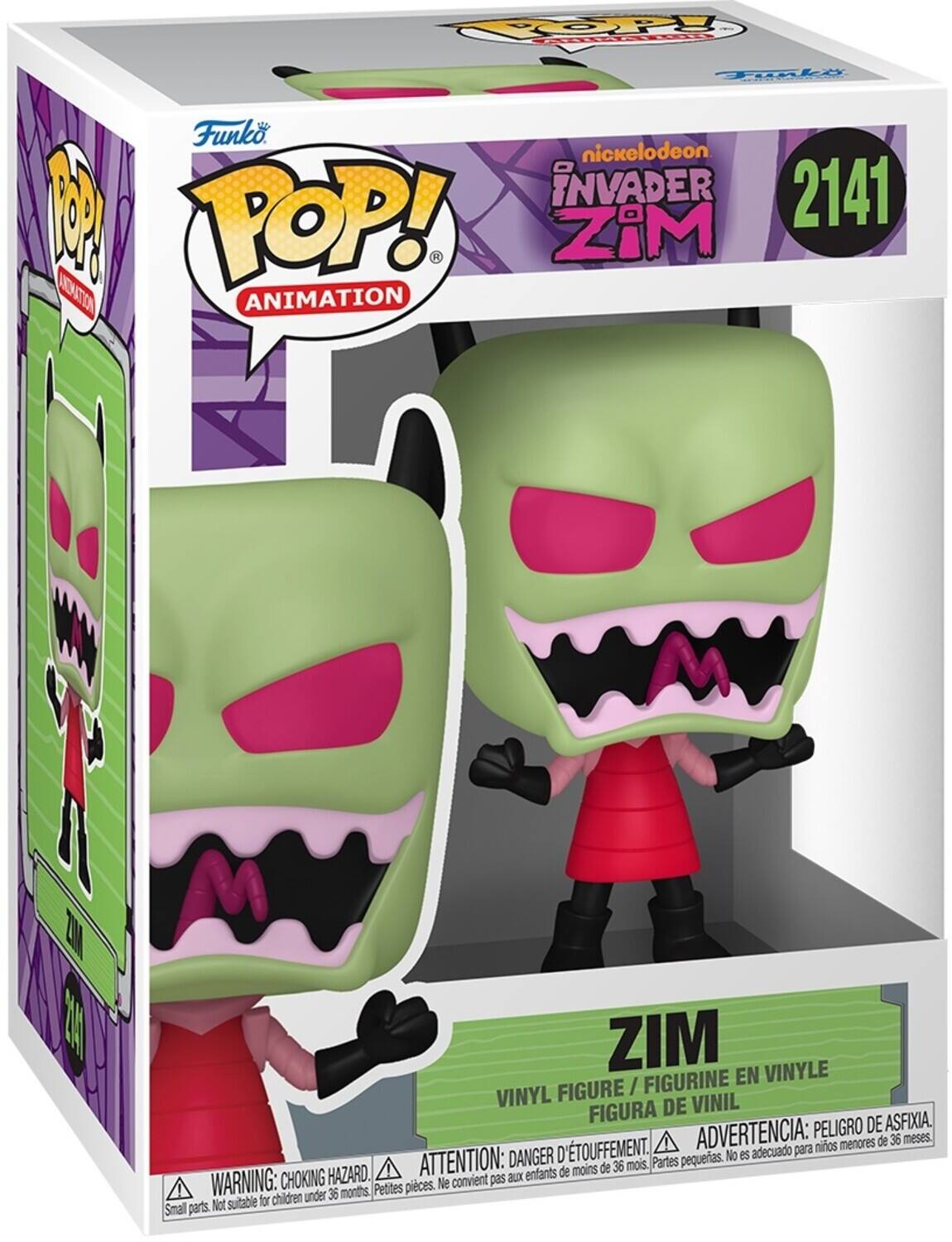 Sure, here is the corrected and grouped text from the image:

---

**Funko POP! Animation**

**Nickelodeon Invader Zim**

**2141**

**ZIM**

**Vinyl Figure / Figurine en Vinyle / Figura de Vinil**

**Warning: Choking Hazard. Small parts. Not suitable for children under 36 months.**

**Attention: Danger d'étouffement. Petites pièces. Ne convient pas aux enfants de moins de 36 mois.**

**Advertencia: Peligro de asfixia. Partes pequeñas. No es adecuado para niños menores de 36 meses.**

---