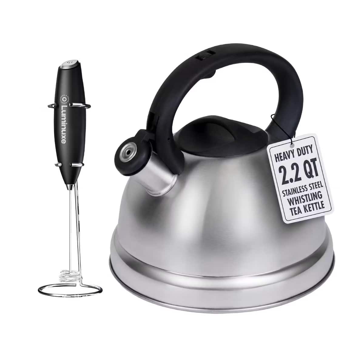 Luminuxe - Whistling Tea Kettle & Milk Frother Set, 2.2qt Stainless Steel Stove Top Kettle & Handheld Milk Frother with Stand - Silver