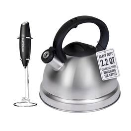 Luminuxe - Whistling Tea Kettle & Milk Frother Set, 2.2qt Stainless Steel Stove Top Kettle & Handheld Milk Frother with Stand - Silver