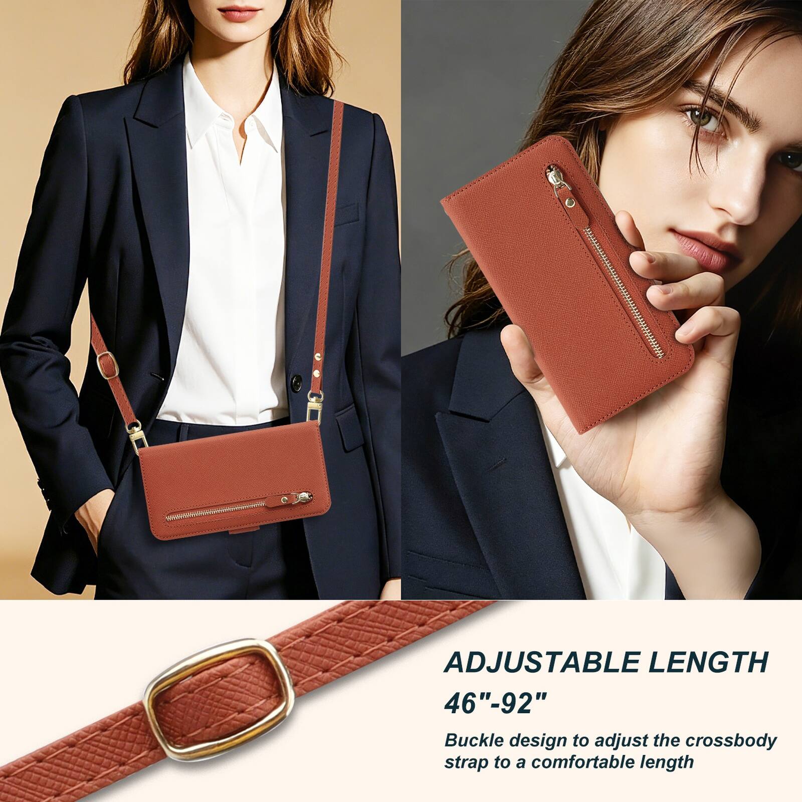 ADJUSTABLE LENGTH 46"-92"  
Buckle design to adjust the crossbody strap to a comfortable length
