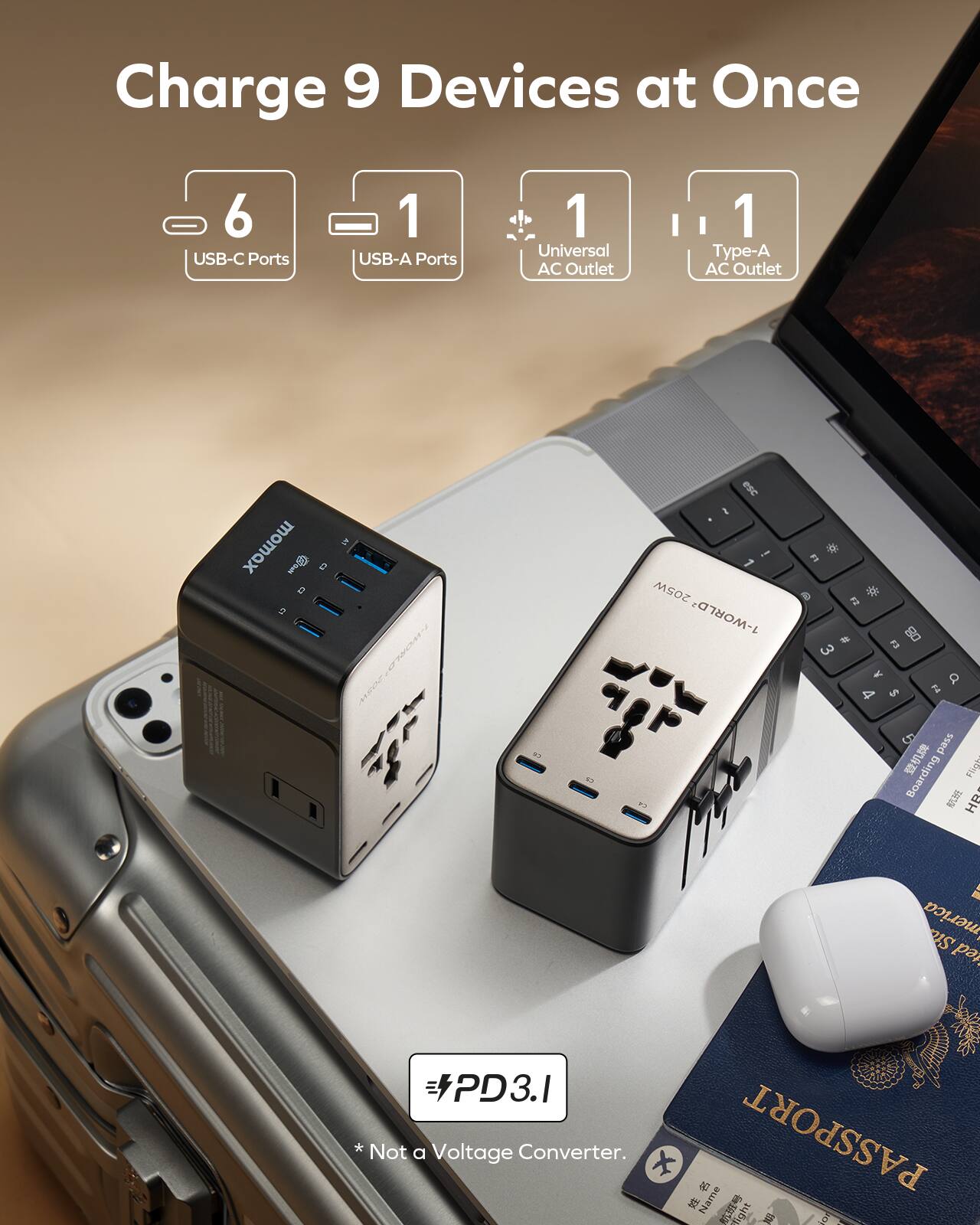 Charge 9 Devices at Once  
6 USB-C Ports  
1 USB-A Port  
1 Universal AC Outlet  
1 Type-A AC Outlet  

momox  
D 2, 350 I i - 205W Ds 1-WORLD 3 & 2a * a 3 Y a 4 $ 2 5 pass  

Boarding Fligie I HB 4 merica Sta ted PD3.1  

*Not a Voltage Converter.  

PASSPORT  
Name  
Height