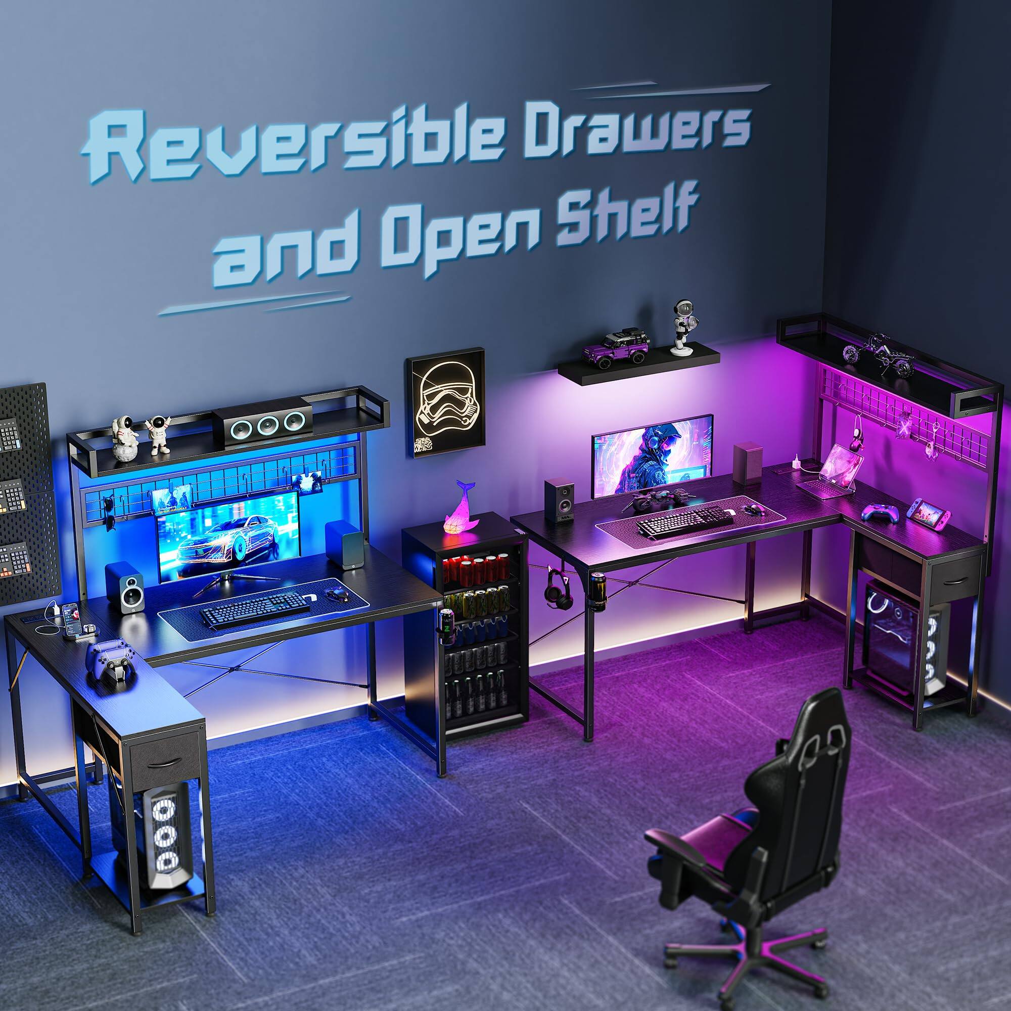 Reversible Drawers and Open Shelf