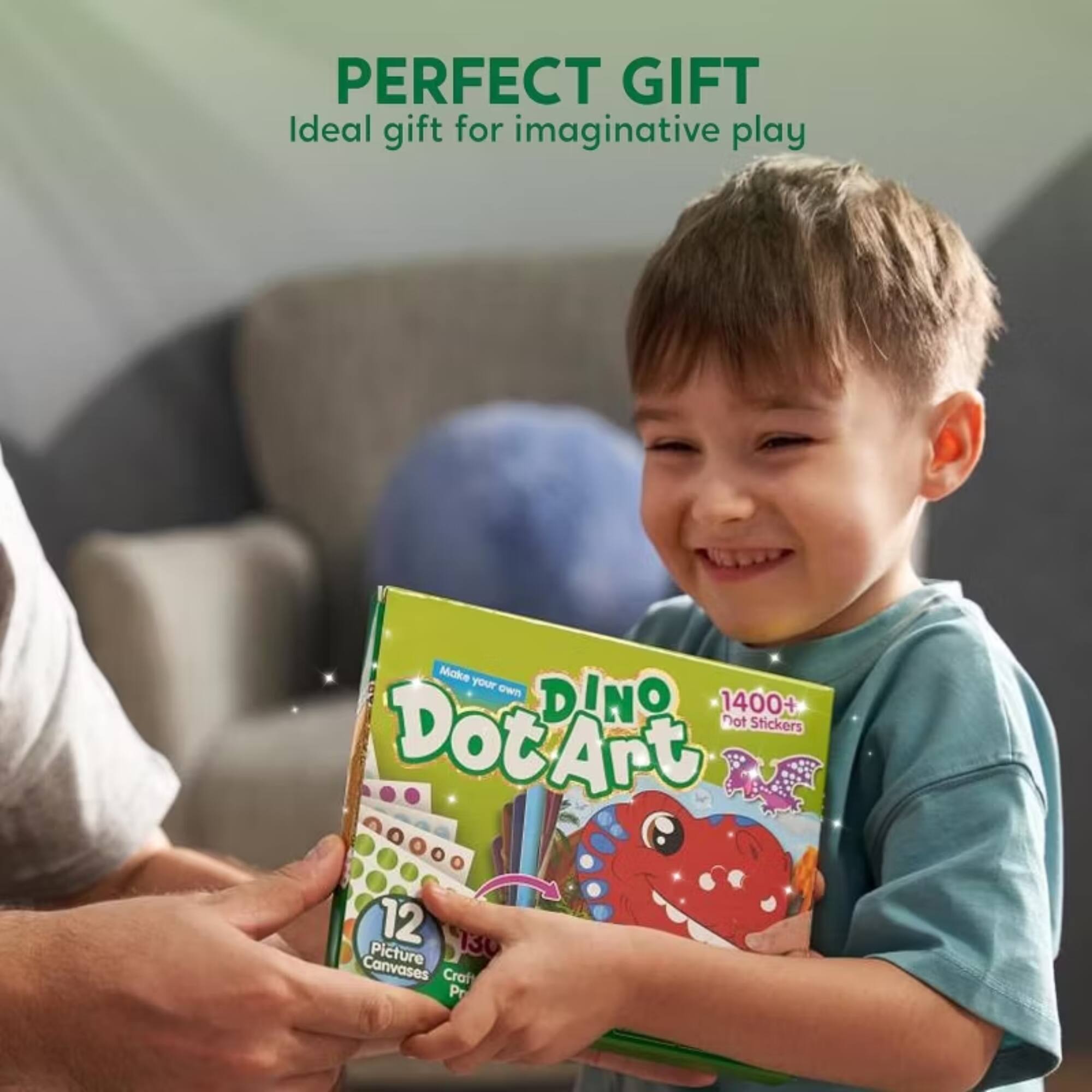PERFECT GIFT  
Ideal gift for imaginative play  

Make your own DINO Dot Art  
1400+ Dot Stickers  

12 Picture Canvases  
Craft Project