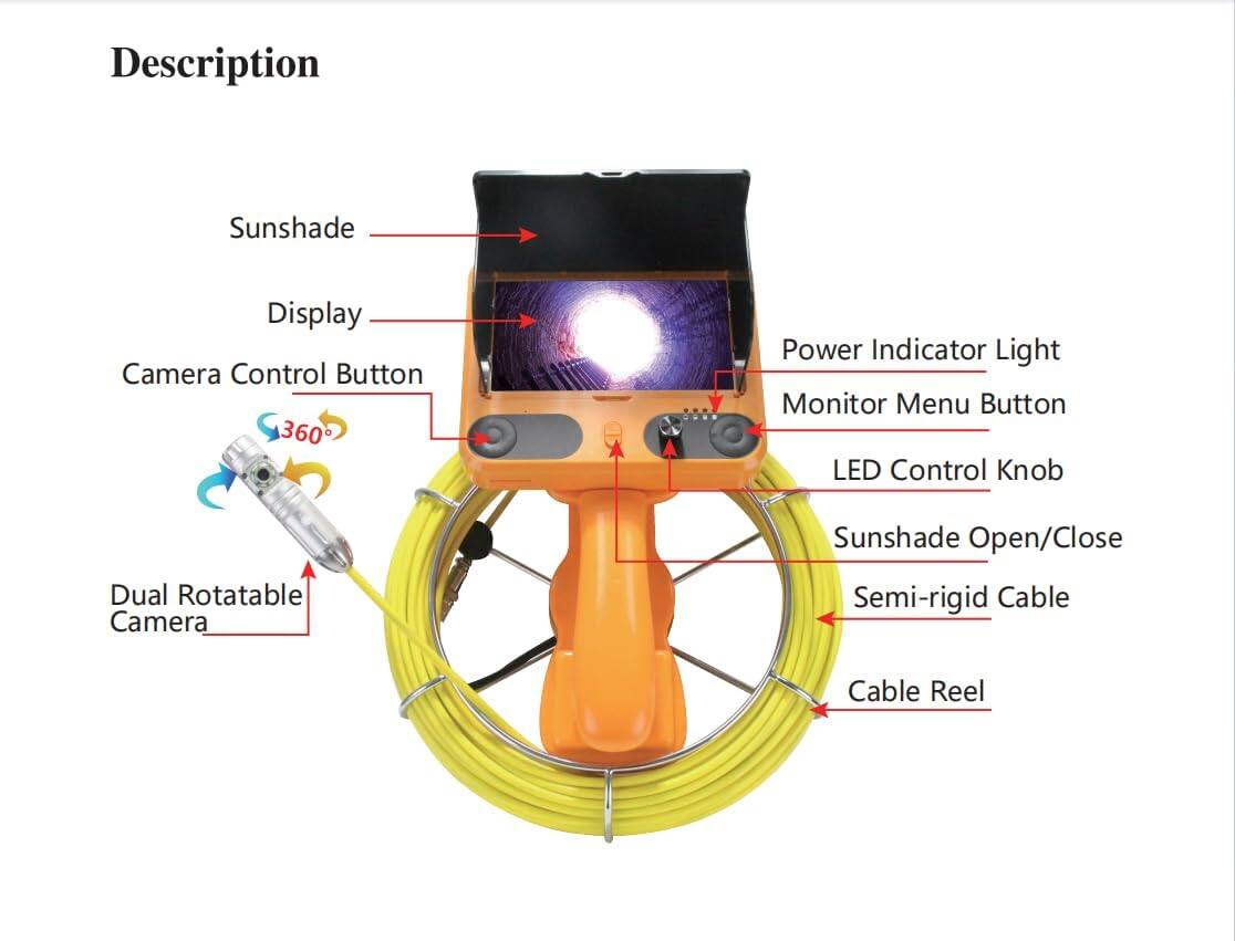 Left. Aukfa - Sewer Camera with 360° Dual-Camera - 7" HD Screen, IP68, 6 LED Lights, 100FT 6MM Cable, 16GB.