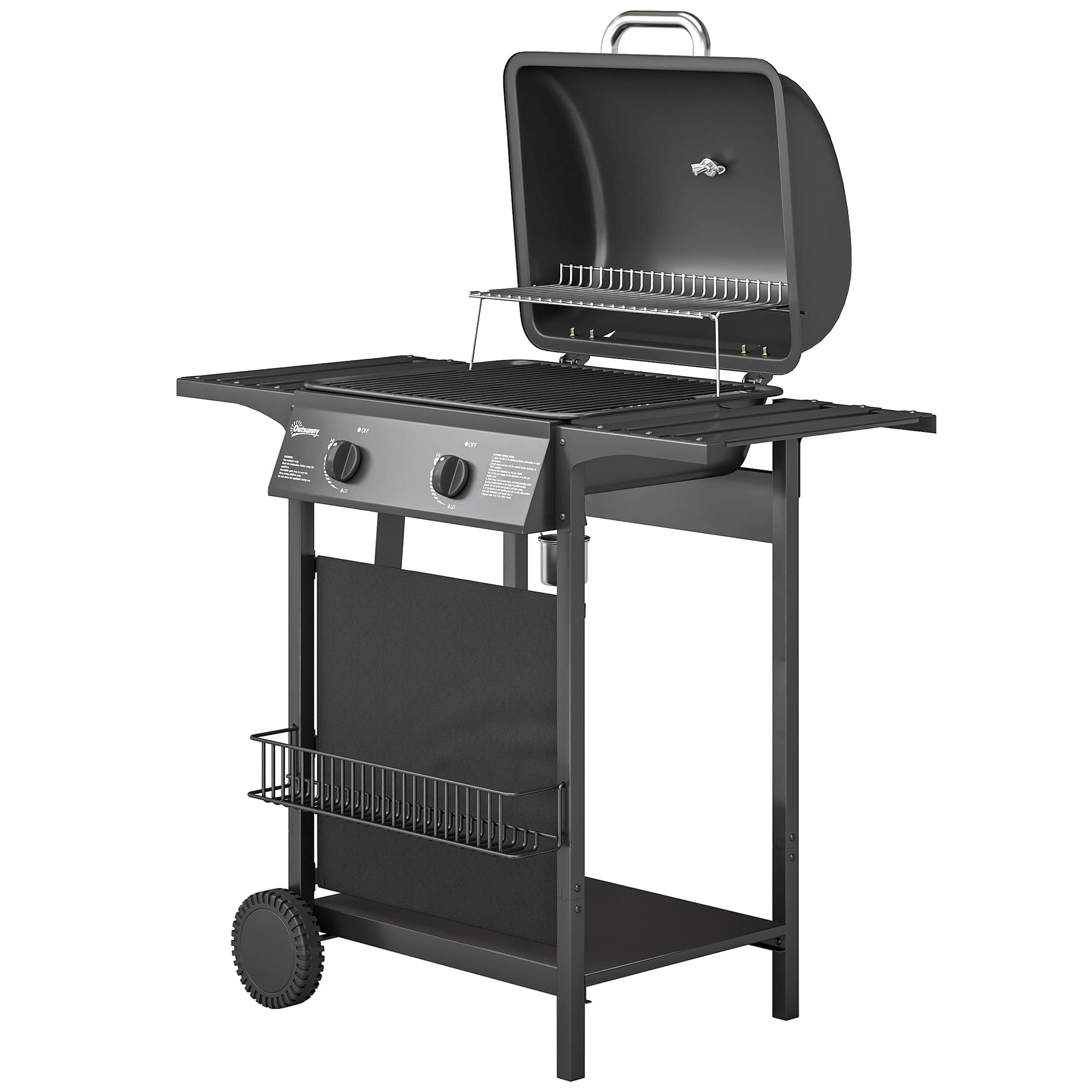 Outsunny - Burner Propane Gas Grill, 18000 BTU BBQ Grill with Wheels, Warming Rack, Shelf, Thermometer - Black