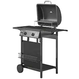 Outsunny - Burner Propane Gas Grill, 18000 BTU BBQ Grill with Wheels, Warming Rack, Shelf, Thermometer - Black