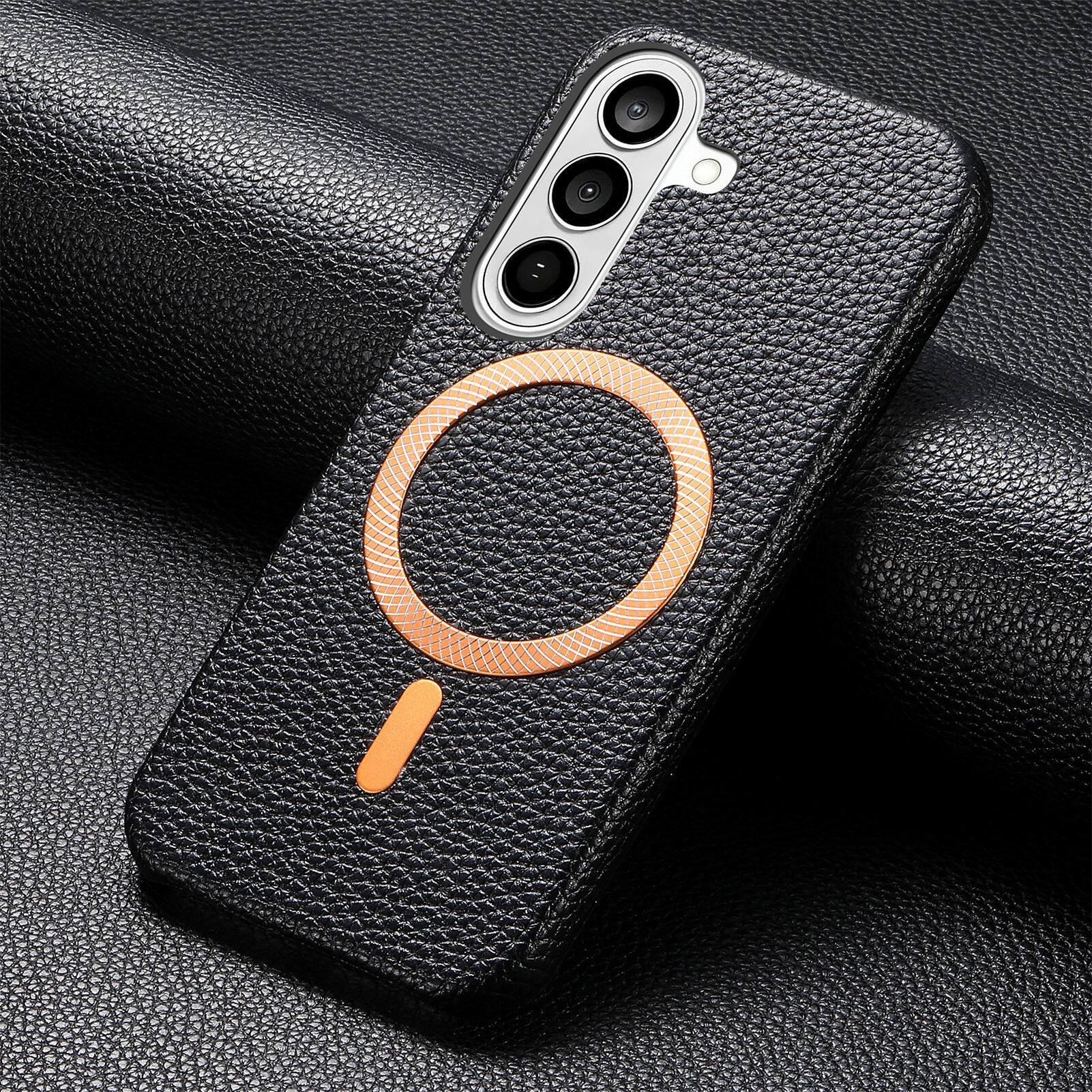 Alt View 2. Dteck - Lychee Texture Case for Samsung Galaxy S26, Premium PU Leather Magnetic Shockproof Hard PC Cover with Raised Edges - Black.