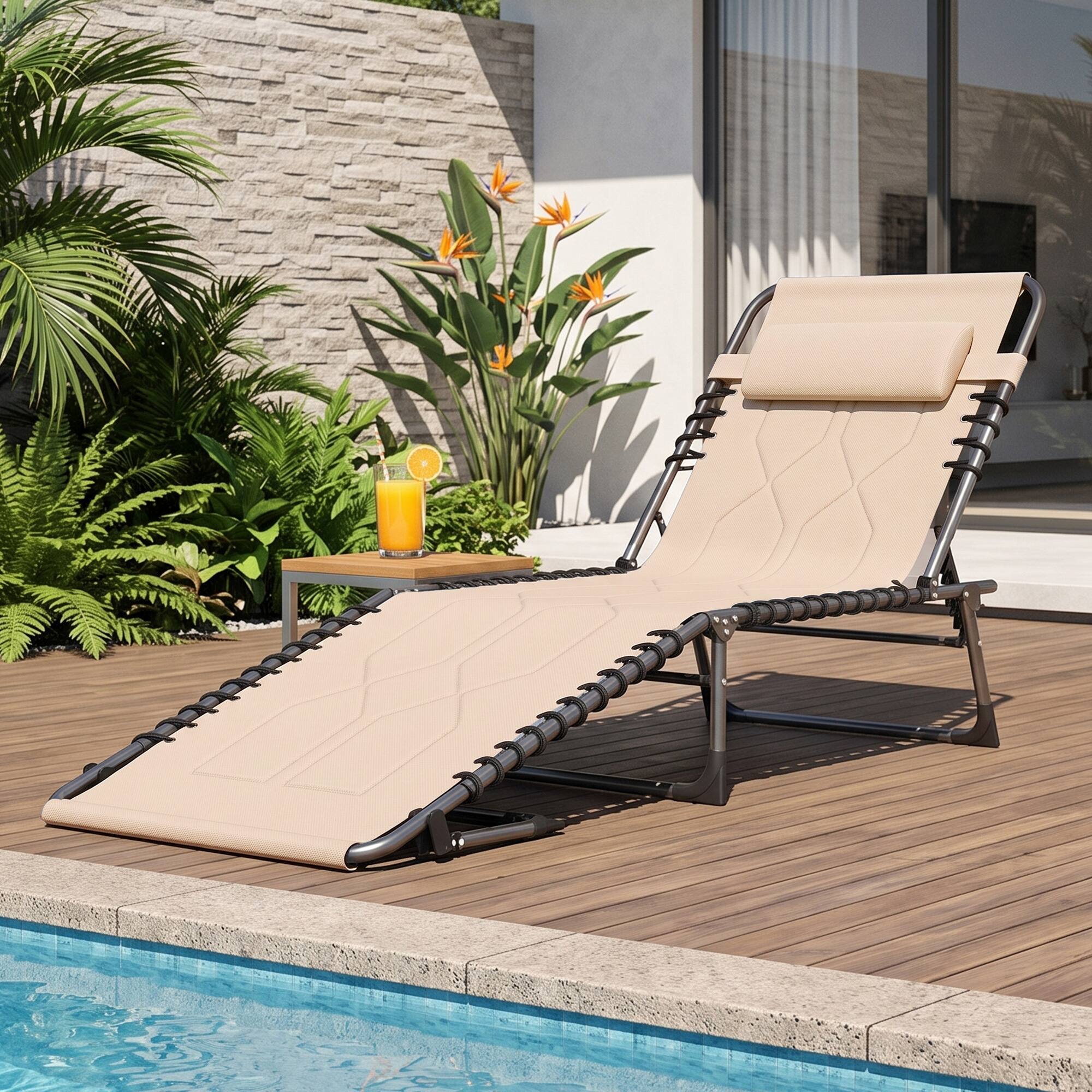 Alt View 1. Outsunny - Folding Chaise Lounge Chair, Outdoor 6-Level Reclining Camping Tanning Chair with Headrest for Beach, Yard, Patio - Beige.