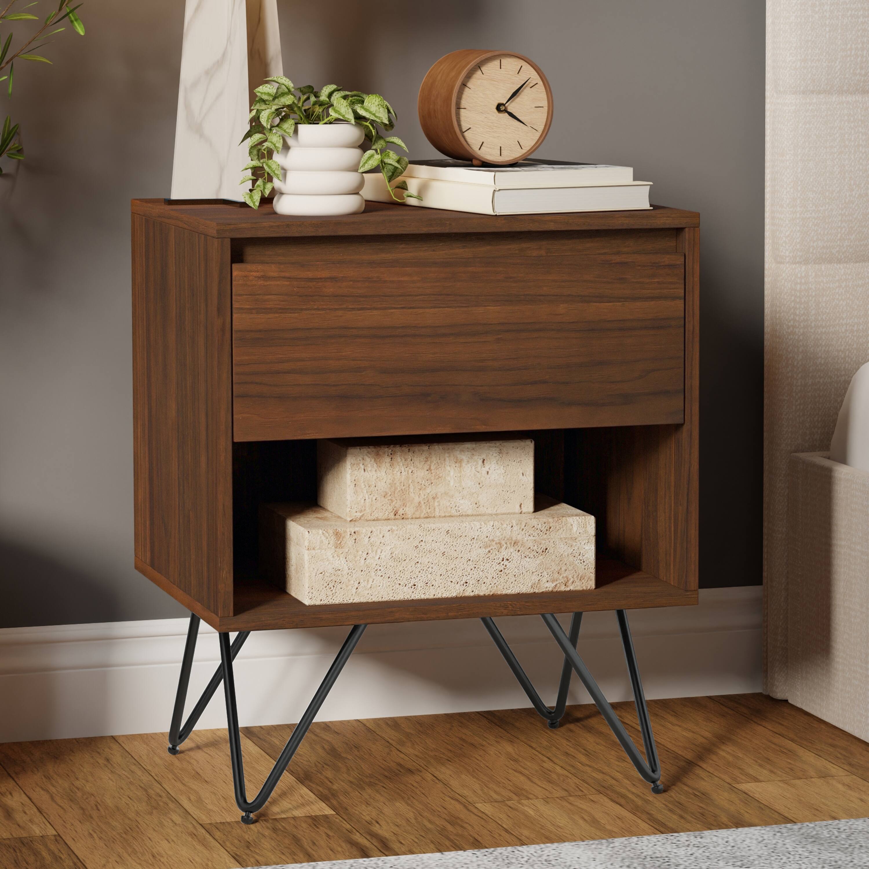 Angle. Simpli Home - Simpli Home Hunter 20 inch Wide Nightstand in Walnut Veneer - Walnut.