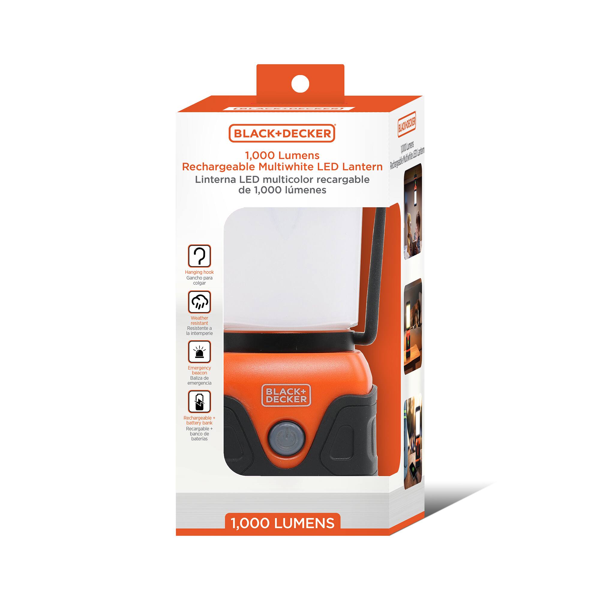 BLACK+DECKER 1,000 Lumens Rechargeable Multiwhite LED Lantern  
Linterna LED multicolor recargable de 1,000 lúmenes  
Hanging hook Gancho para colgar  
Weather resistant Resistente a la intemperie  
Emergency beacon Baliza de emergencia  
Rechargeable battery bank Recargable banco de baterías  
1,000 LUMENS