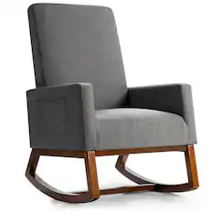 Front. Gymax - Gymax Rocking Chair High Back Upholstered Lounge Armchair w/ Side Pocket Grey - Grey.