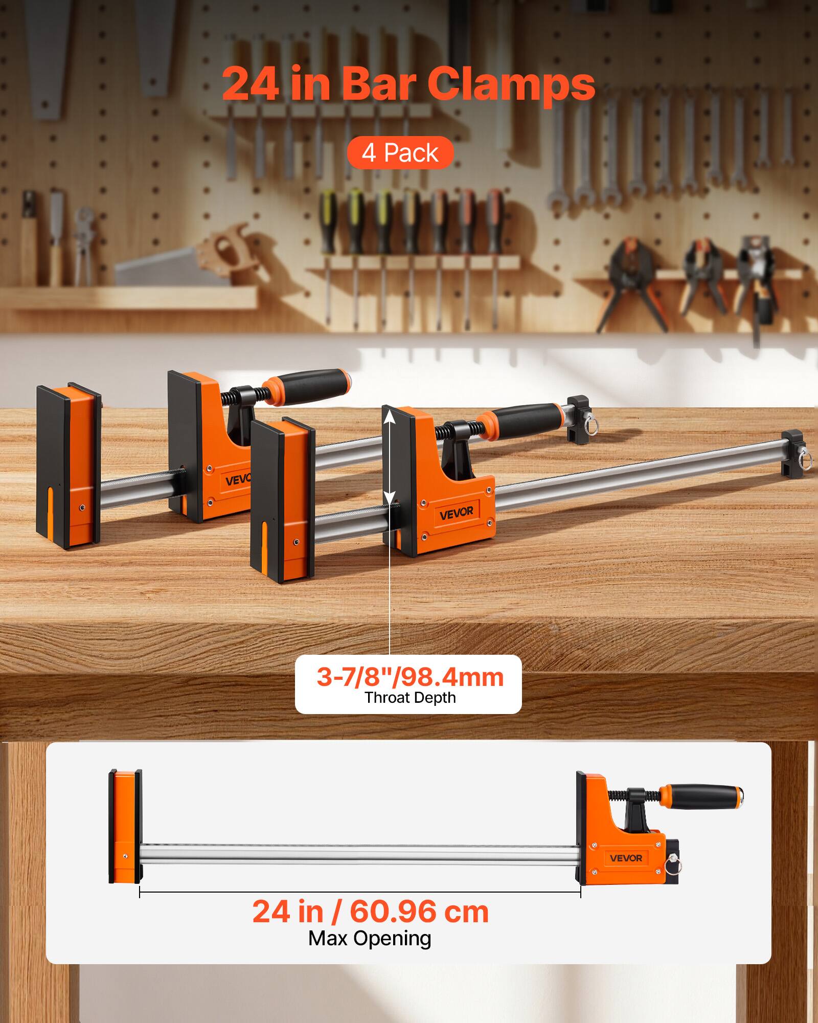 24 in Bar Clamps 4 Pack VEVO VEVOR 3-7/8"/98.4mm Throat Depth VEVOR 24 in / 60.96 cm Max Opening